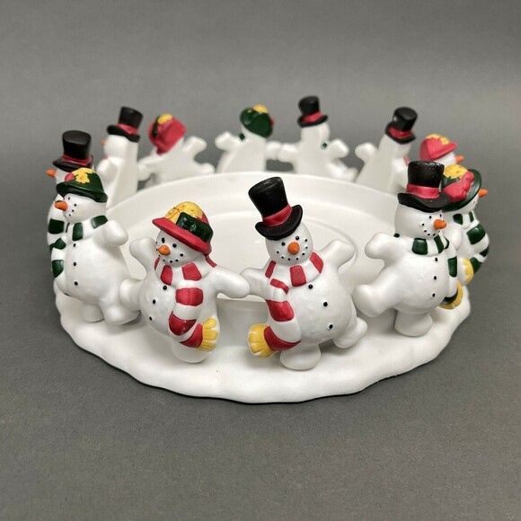 Partylite P7436 3 Wick Candle Holder Frolicking Frosts Snowmen in a Circle w/Box - Picture 3 of 8